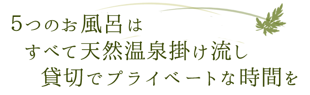 ５つのお風呂はすべて天然温泉掛け流し 貸切でプライベートな時間を